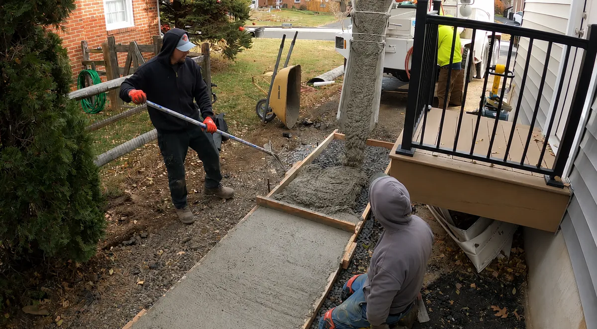 Concrete workers installing a residential walkway in Murrieta, CA